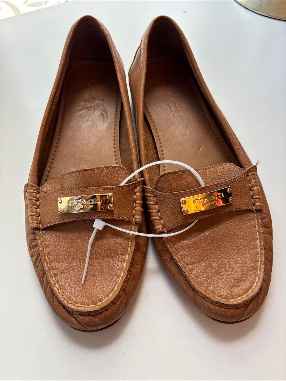 Coach Tan Leather Moccasin Loafers with Gold Plaque